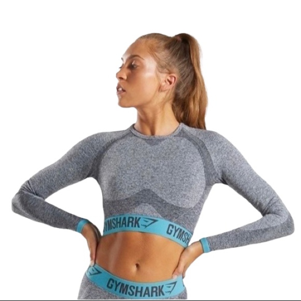 GYMSHARK Flex Long Sleeve Crop Top Women Size Small Charcoal Gray Teal Trim - Picture 1 of 7